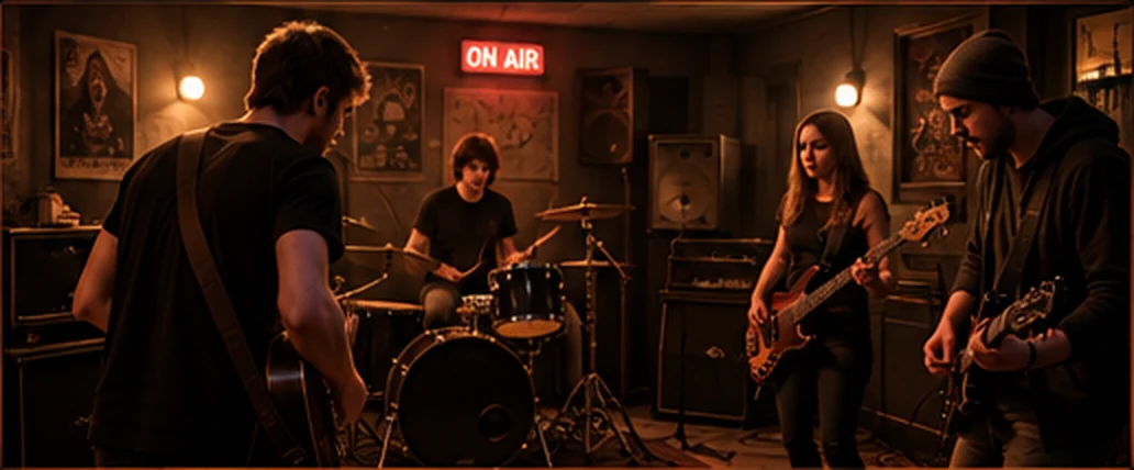 Illustration of a small rock band rehearsing together in a warmly lit music studio.