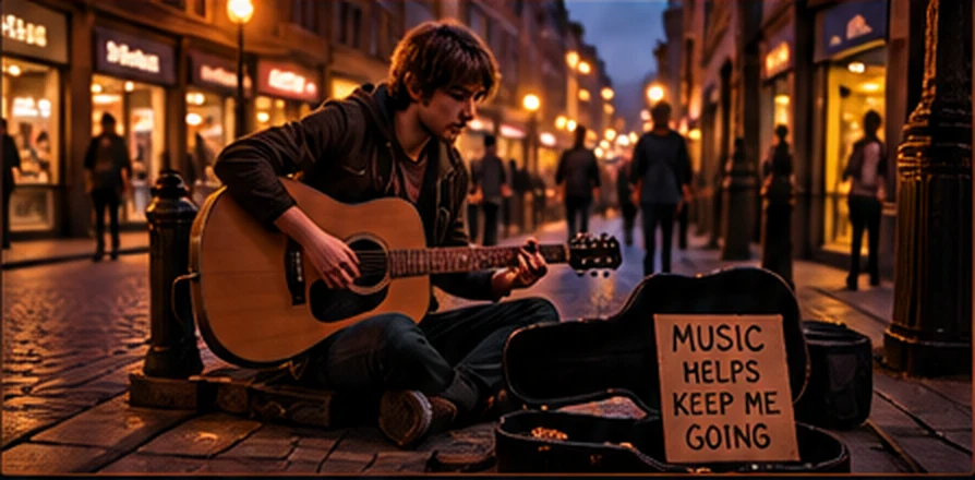 Illustration of an aspiring musician busking with an acoustic guitar on a town street at night.